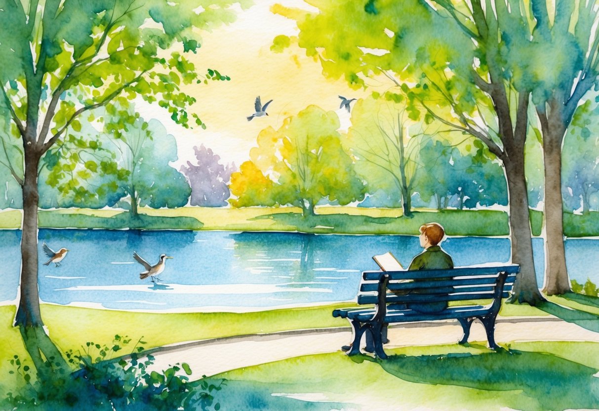 A serene, sunlit park with a bench overlooking a peaceful lake. A figure sits with a notebook, surrounded by trees and birds
