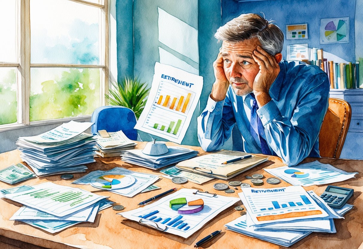 A cluttered desk with scattered financial documents and a confused expression on a person's face while looking at retirement savings charts