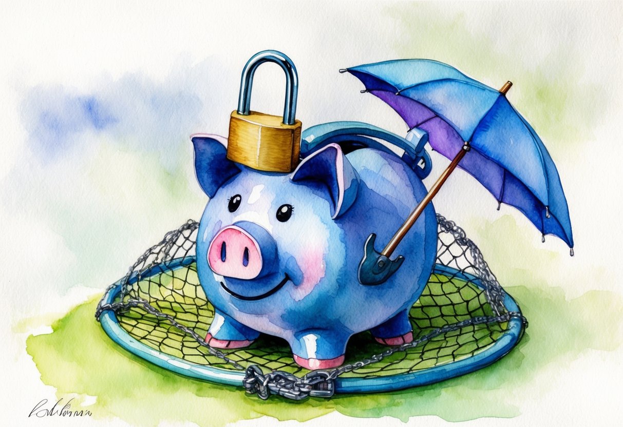 A piggy bank surrounded by a shield, umbrella, and safety net, with a padlock securing the lid
