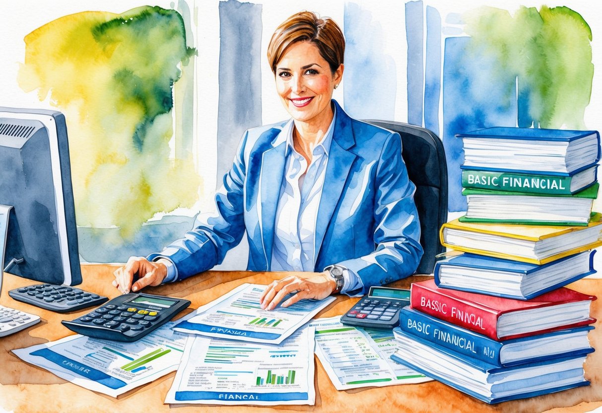A person sitting at a desk surrounded by financial documents, calculator, and computer, with a stack of books on basic financial education