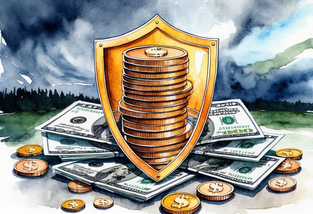 A stack of coins and dollar bills surrounded by a protective shield, with a stormy sky in the background