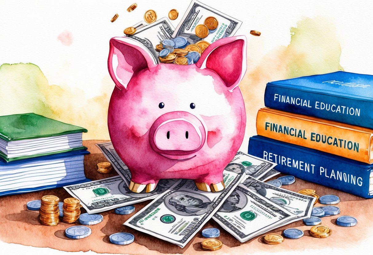 A piggy bank overflowing with coins and bills, surrounded by books on financial education and retirement planning