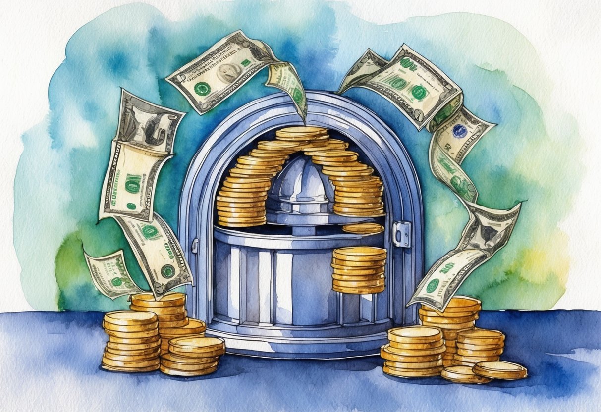 A diverse range of income streams and government benefits flowing into a secure vault, protected from unexpected expenses