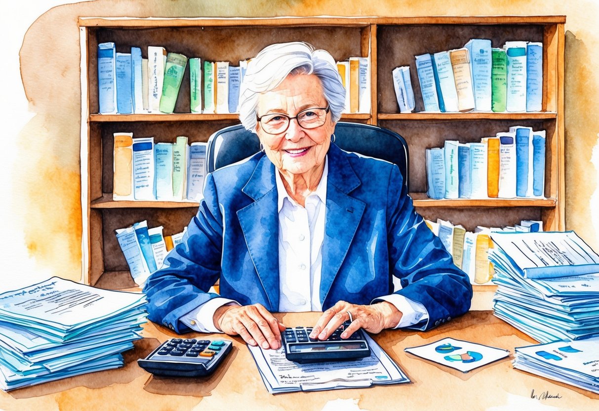 An elderly person sitting at a desk, surrounded by financial documents and a calculator. A bookshelf filled with financial education books in the background