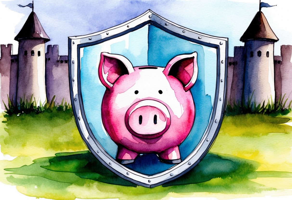 A piggy bank surrounded by a protective shield, with a fortress-like wall in the background, symbolizing safeguarding retirement savings from unexpected expenses