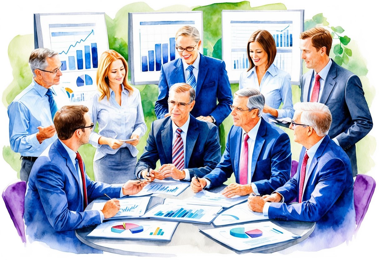 A group of professionals discussing financial strategies, surrounded by charts and graphs, with a focus on safeguarding retirement savings
