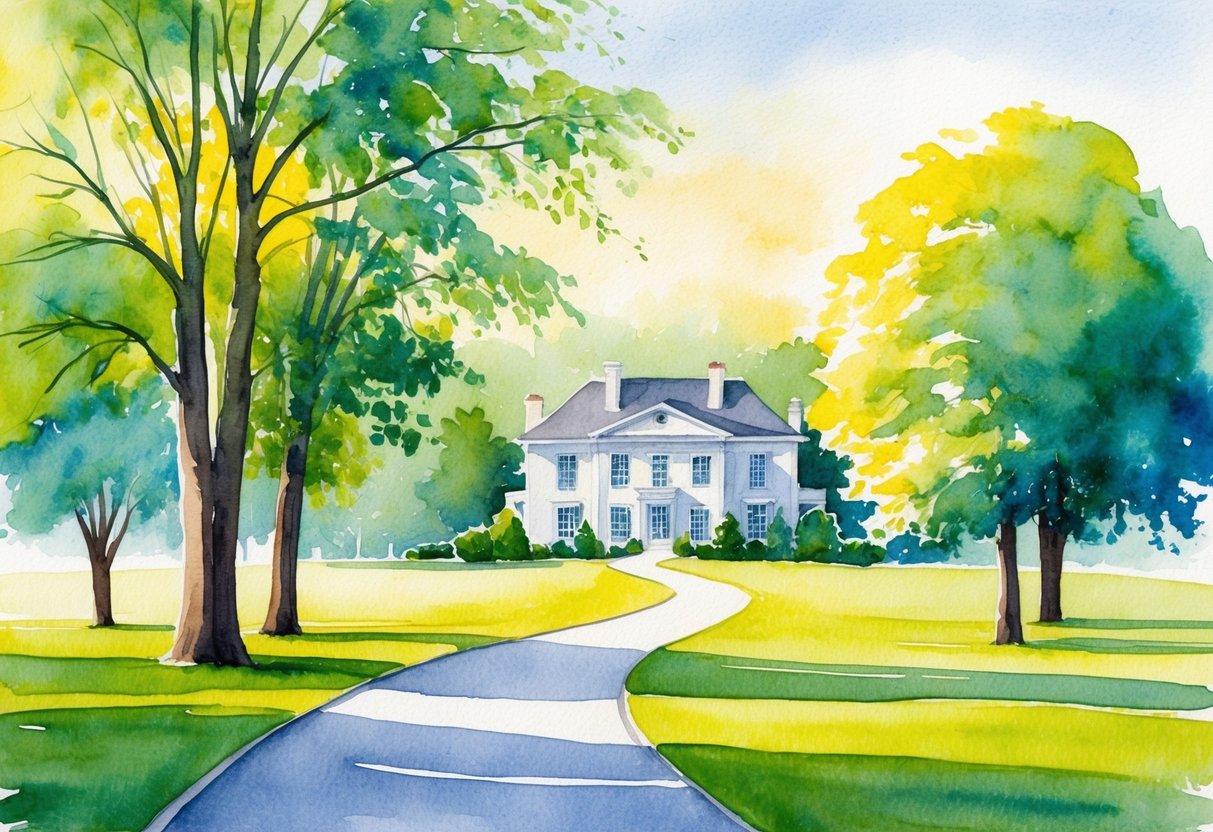 A serene, sunlit park with a winding path leading to a grand estate. A family of trees stands tall, symbolizing the legacy and stability of proper financial planning