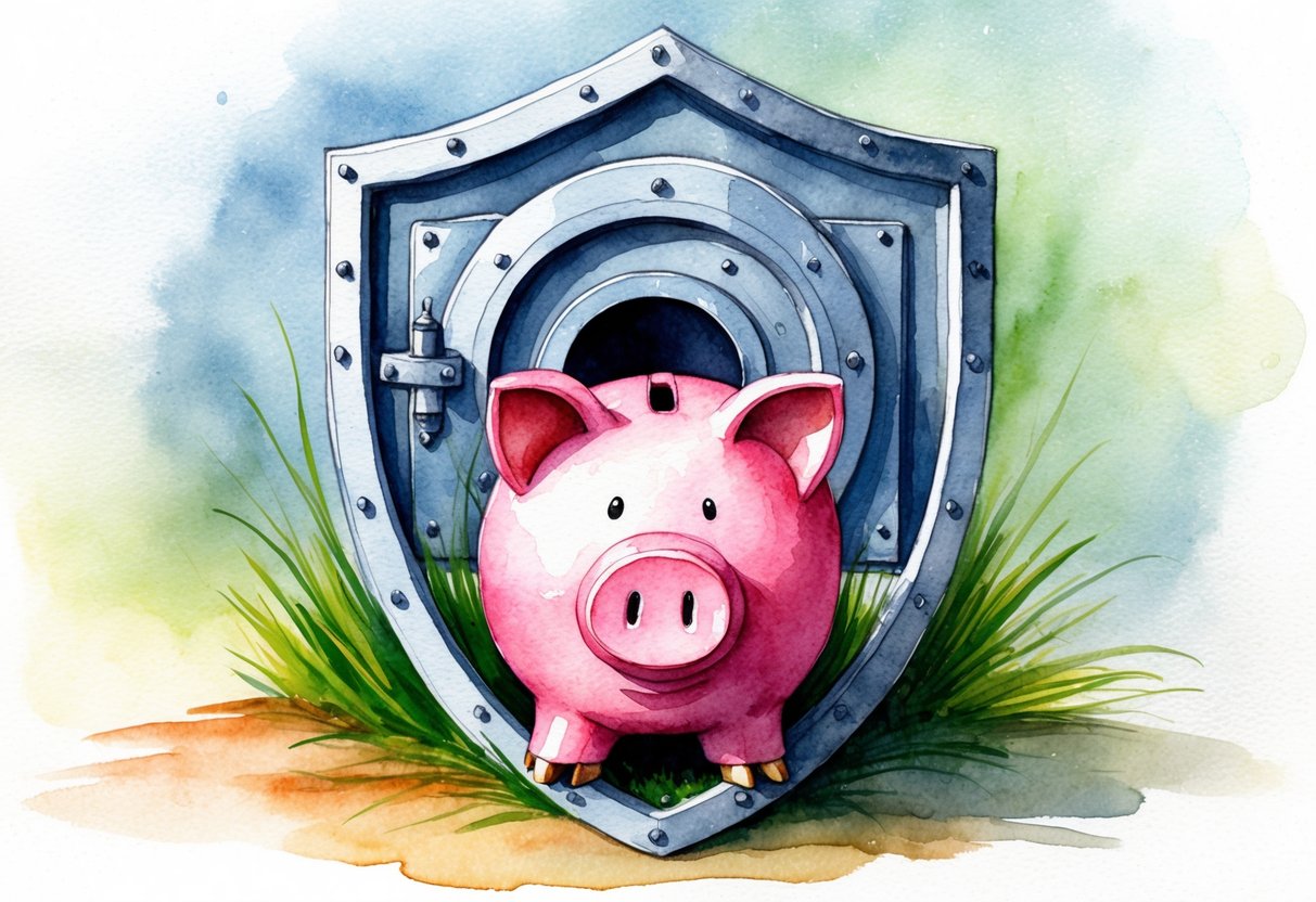A piggy bank surrounded by a protective shield, with a vault in the background, representing safeguarding retirement savings