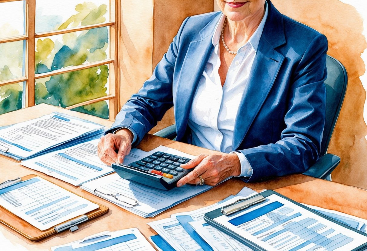 A person sitting at a desk, surrounded by financial documents and a calculator. They have a confident and focused expression, indicating a sense of security and preparedness for retirement