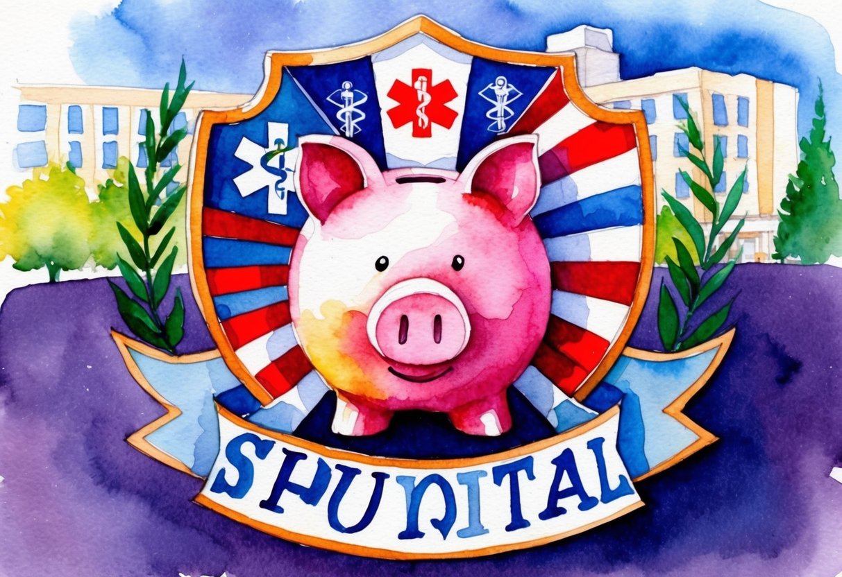 A piggy bank surrounded by a shield and medical symbols, with a hospital in the background