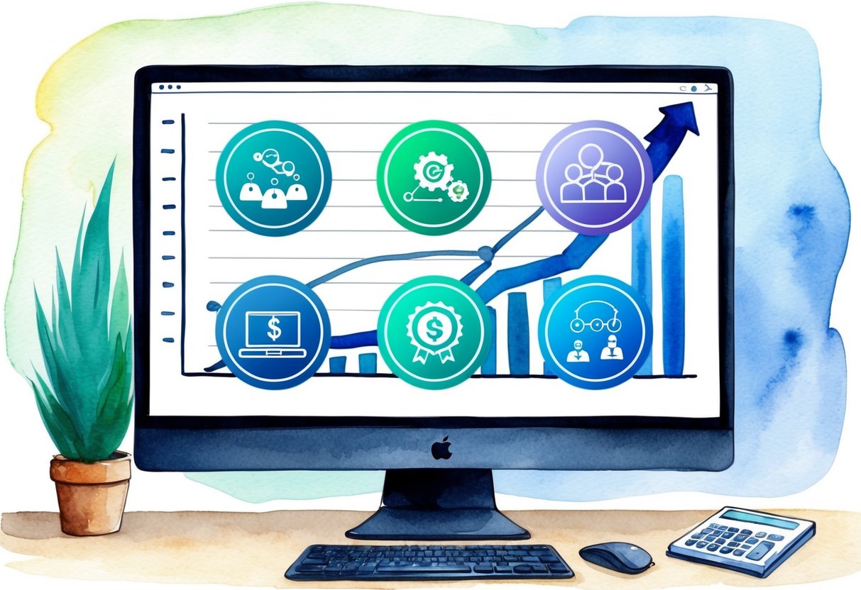 A computer screen showing 5 icons representing different methods of creating recurring revenue through SaaS, with a graph showing increasing revenue in the background