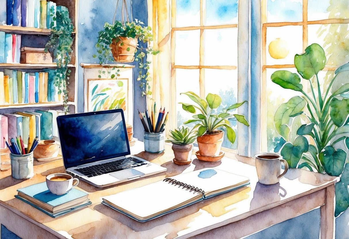 A serene, sunlit room with a cozy workspace, surrounded by books, plants, and art supplies. A laptop and a notebook sit on the desk, with a cup of coffee nearby