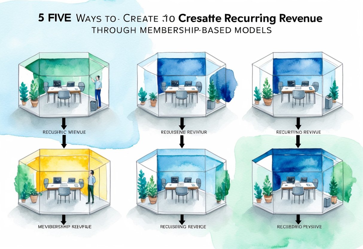 A modern office space with five different areas representing the five ways to create recurring revenue through membership-based models. Each area is distinct and visually represents the concept
