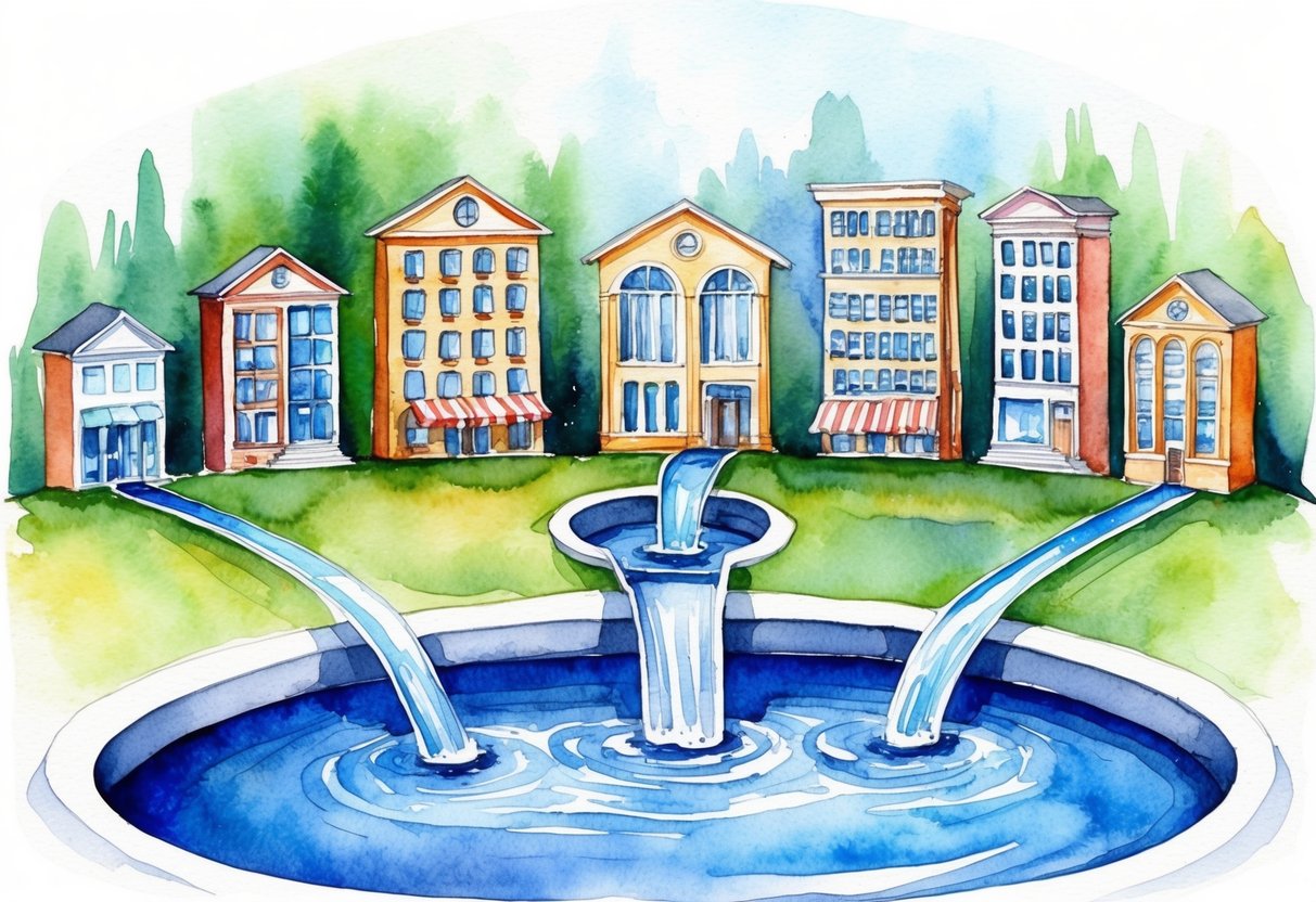 A row of diverse income sources flowing into a central pool, representing the concept of creating recurring revenue without tenant management