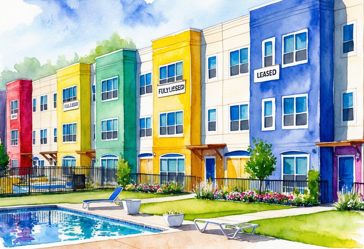 A row of colorful rental properties with "fully leased" signs, surrounded by amenities such as a pool, gym, and community garden
