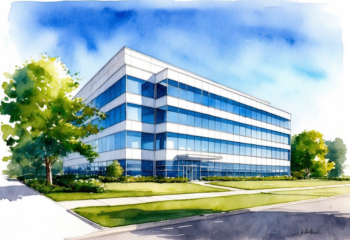 A modern office building with multiple floors and a sleek exterior, surrounded by greenery and a clear blue sky