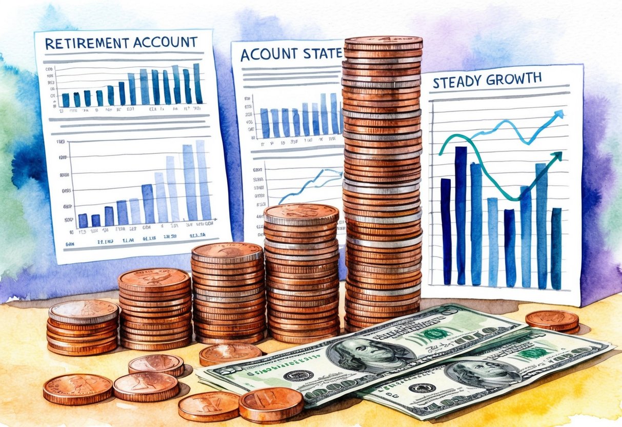 A stack of coins and dollar bills growing in size, surrounded by retirement account statements and graphs showing steady growth over time