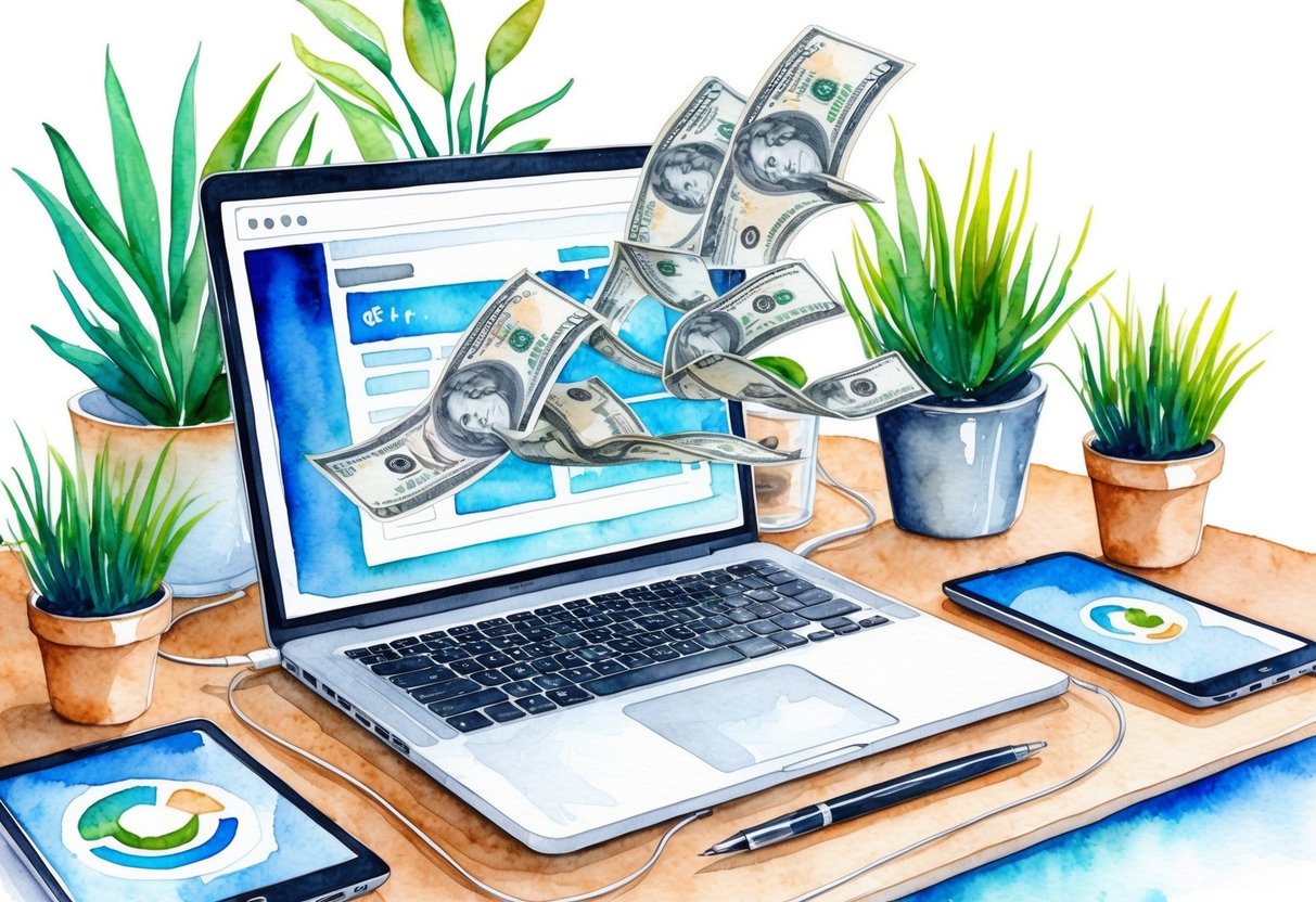 A laptop surrounded by plants and digital devices, with money flowing from the screen into a river of passive income