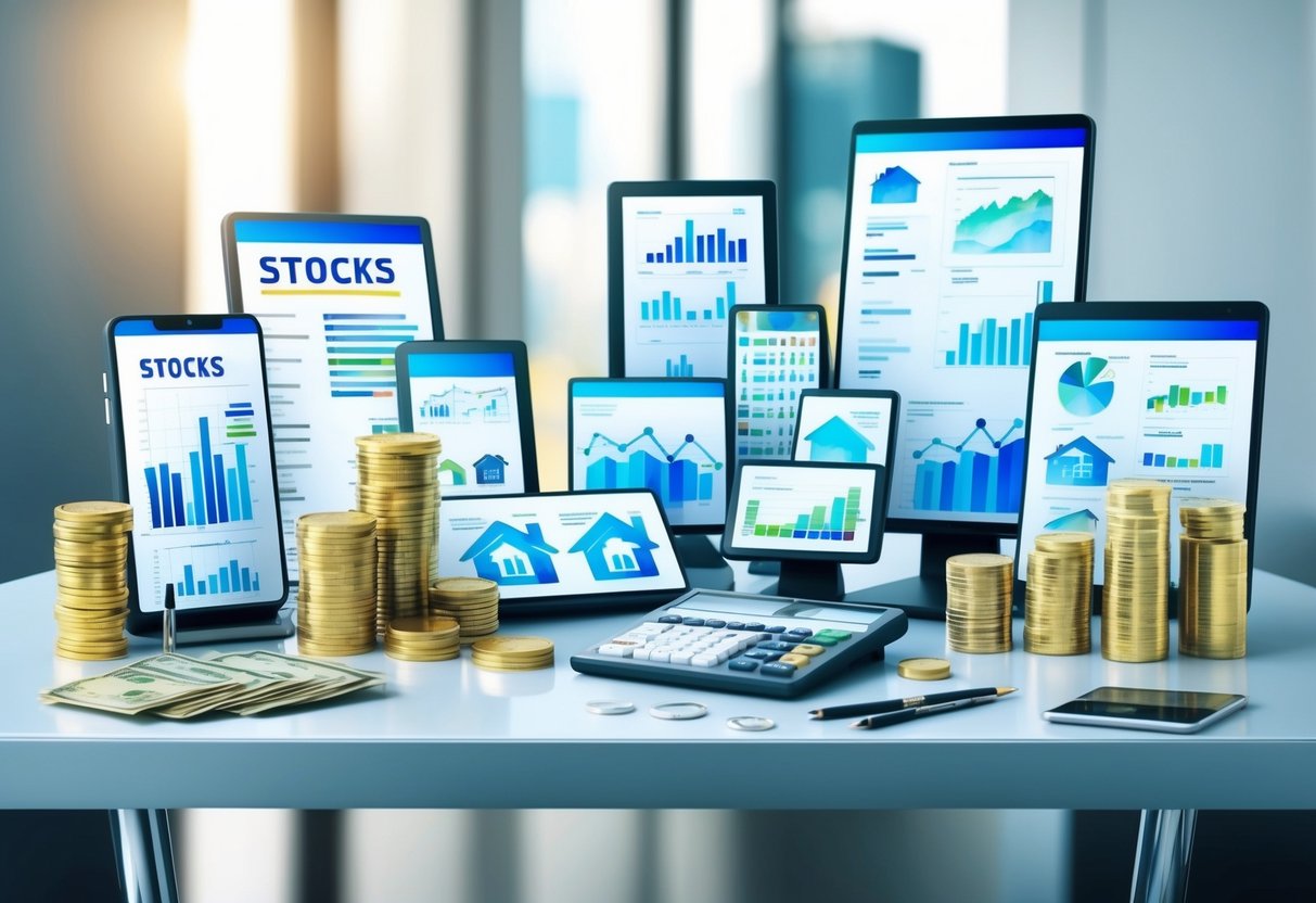 A diverse array of investment options, including stocks, bonds, real estate, and precious metals, displayed on a sleek, modern desk