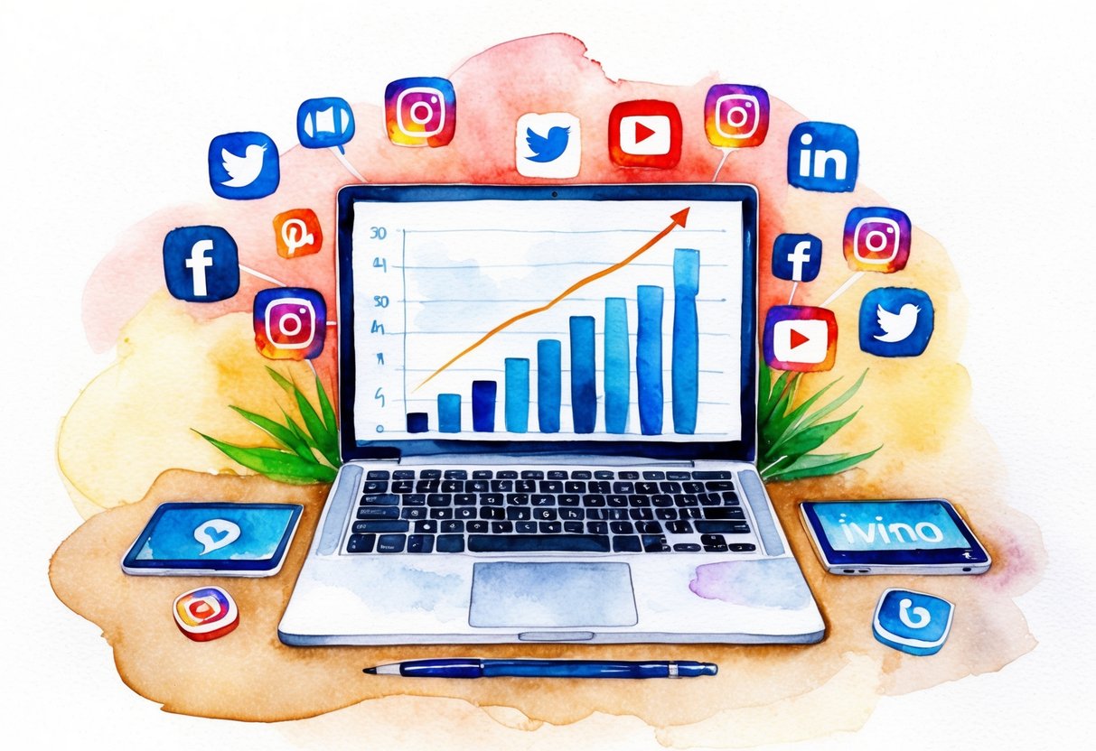 A laptop surrounded by various social media icons, with a graph showing income increasing over time