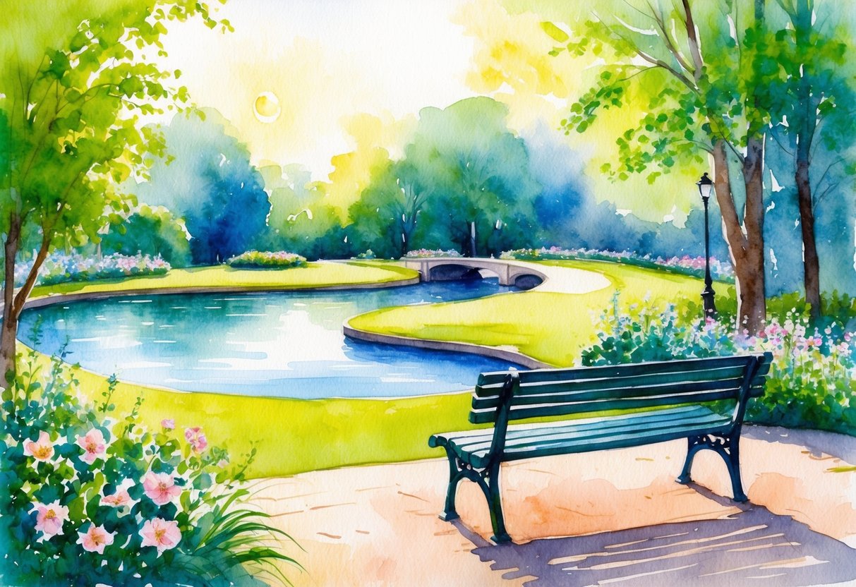 A serene, sunlit park with a bench overlooking a tranquil pond, surrounded by lush greenery and blooming flowers, with a path leading into the distance