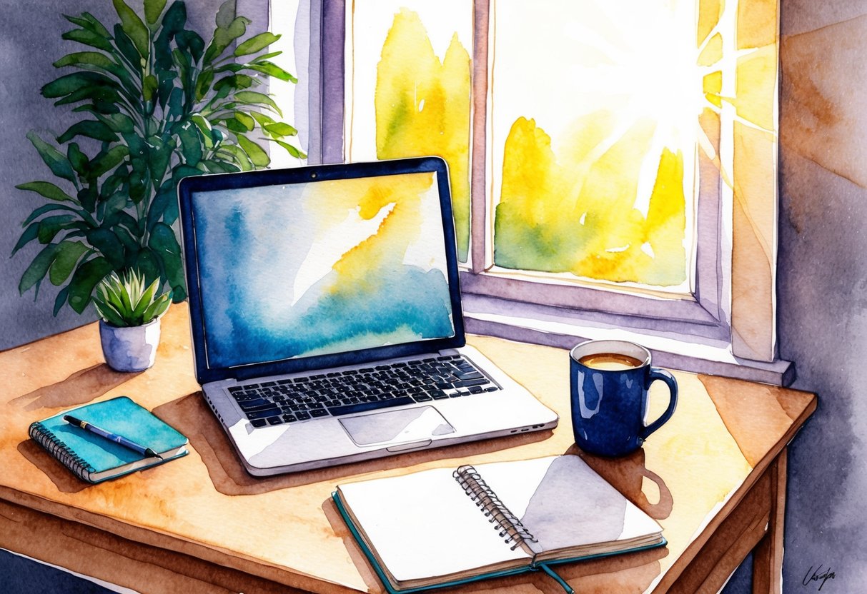 A cozy home office with a laptop, notebook, and coffee mug. Sunlight streams in through the window, casting a warm glow on the desk