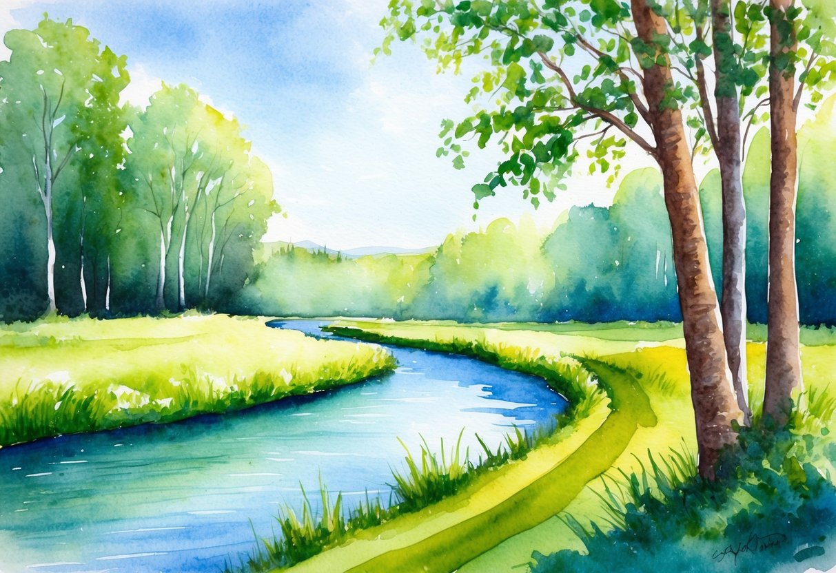 A tranquil and serene setting with a peaceful river flowing through a lush green landscape, surrounded by tall trees and a clear blue sky above