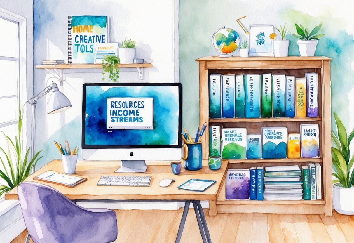 A cozy home office with a desk, computer, and various creative tools. A bookshelf filled with resources on different income streams. A calming color scheme and natural lighting
