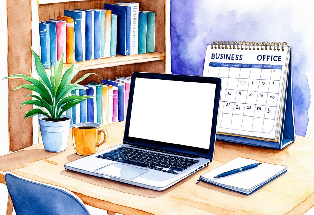 A cozy home office with a laptop, coffee mug, and plant. A bookshelf filled with business and self-help books. A calendar with marked deadlines