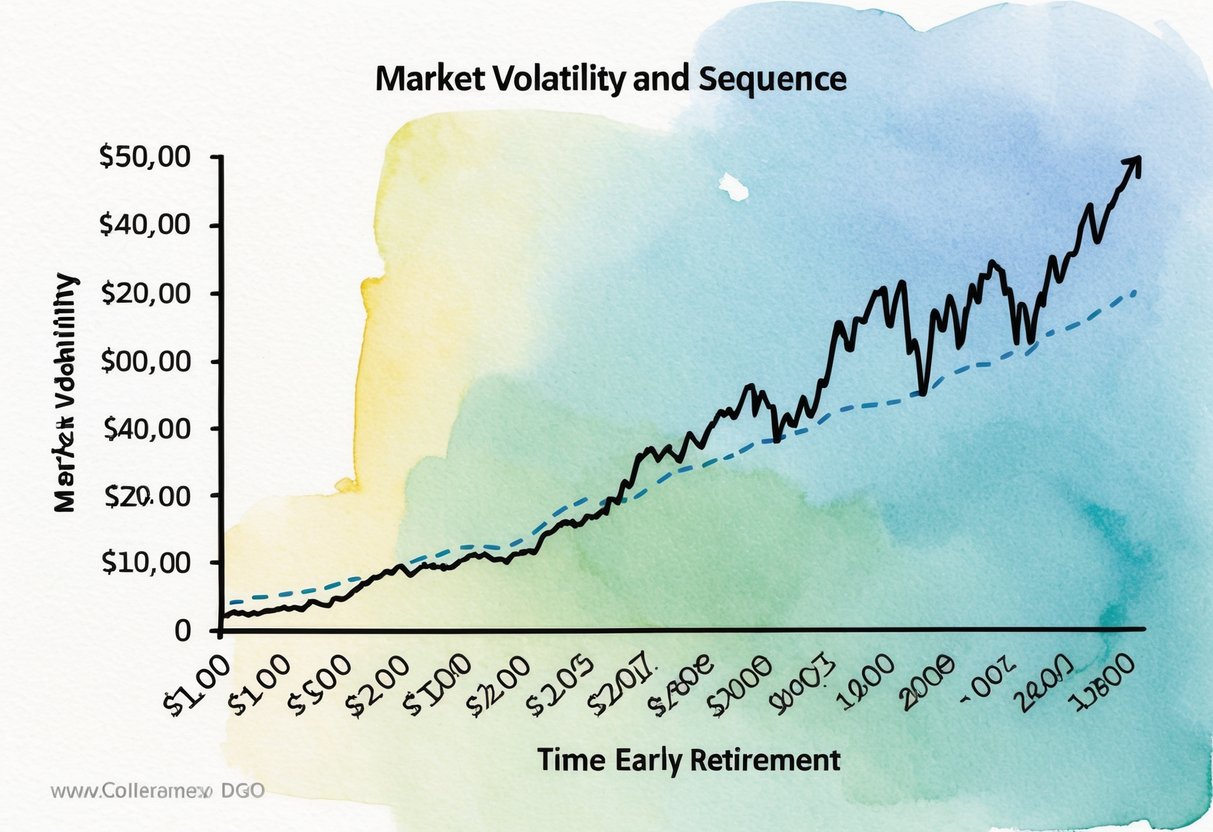 A line graph showing the fluctuation of market volatility and sequence of returns, with a $1,000 investment growing over time towards early retirement