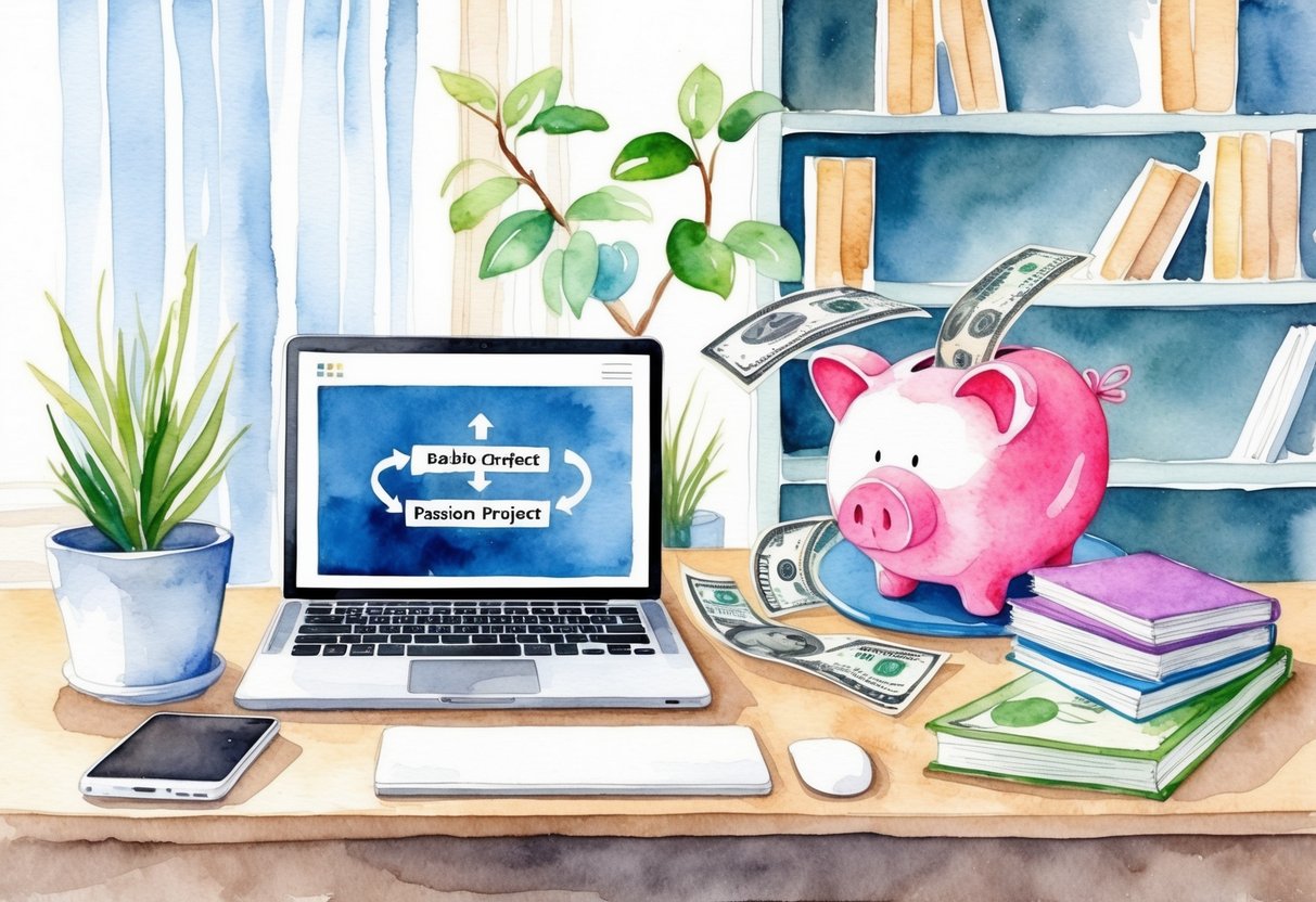 A cozy home office with a laptop, bookshelves, and a plant. A stream of income flows from a passion project to a piggy bank