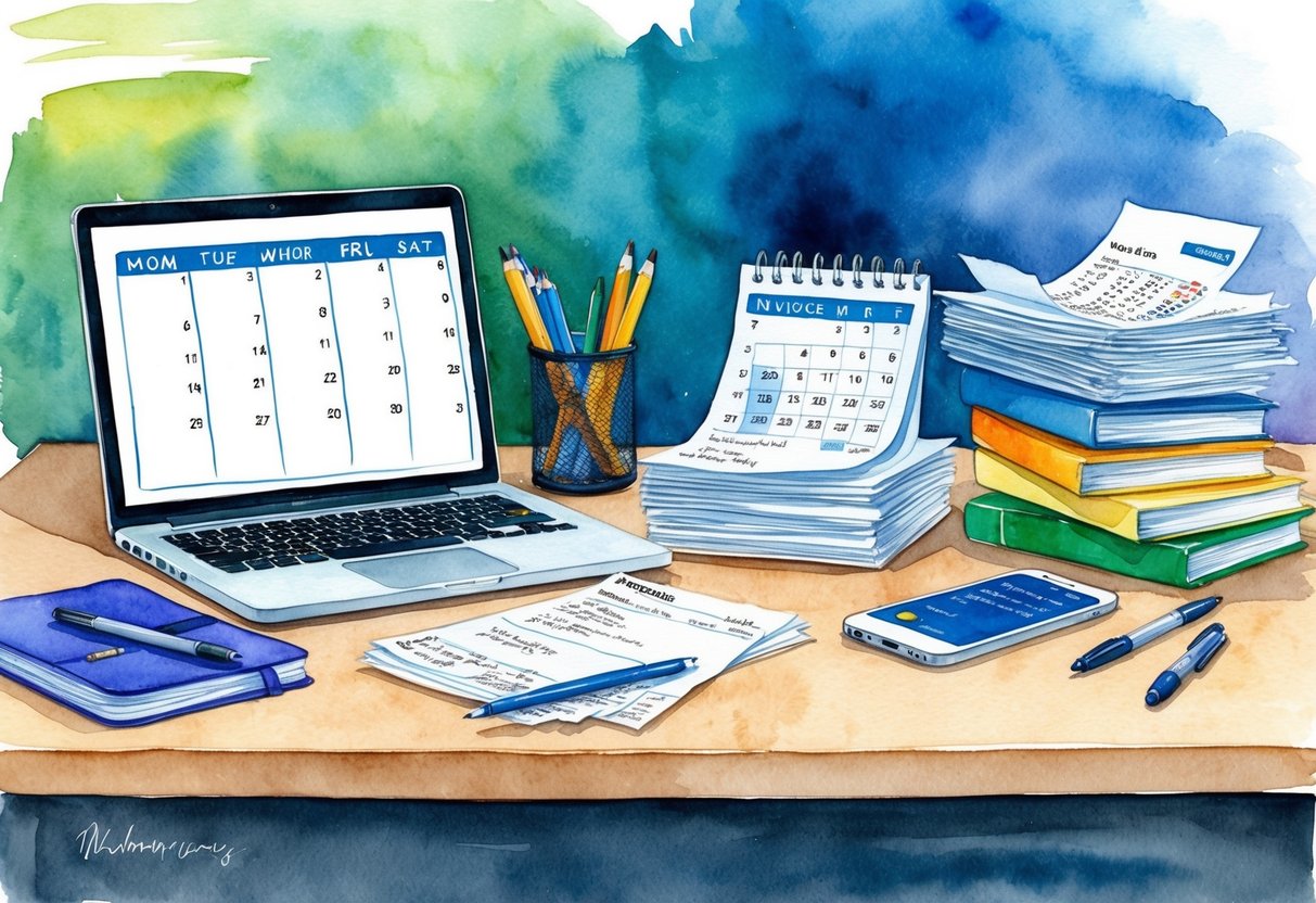 A cluttered desk with a laptop, notebooks, and pens. A calendar with deadlines marked. A stack of invoices and receipts. A phone with notifications