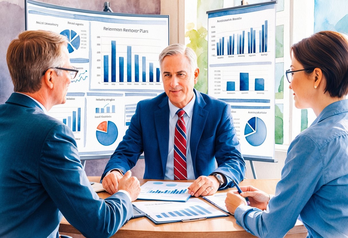 A person sitting at a desk, surrounded by financial charts and graphs, discussing retirement plans with a financial advisor