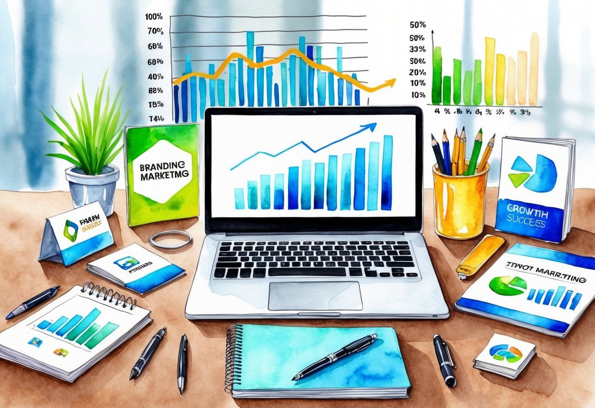 A laptop, notebook, and pen on a desk surrounded by various branding and marketing materials, with a graph showing growth and success in the background