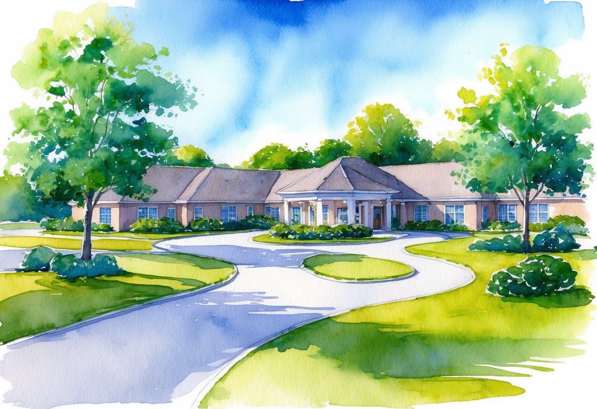 A serene setting with a winding path leading to a peaceful retirement village, surrounded by lush greenery and a clear blue sky