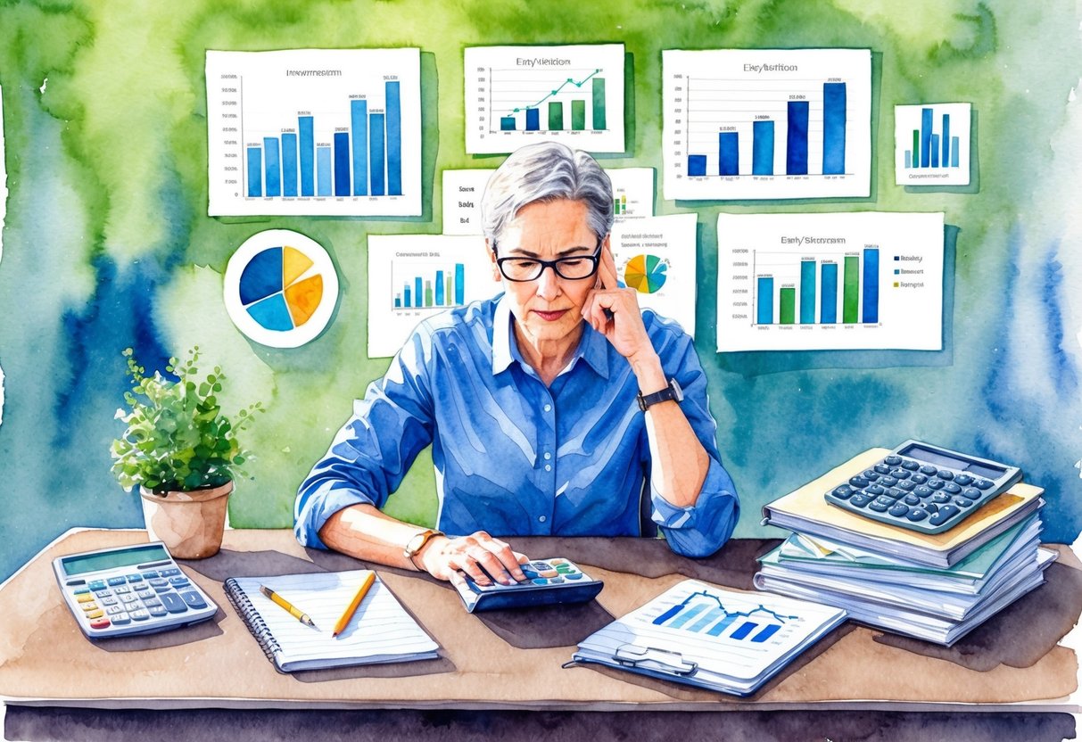 A person sitting at a desk, surrounded by financial charts and graphs, with a calculator and notebook, pondering their investment strategy for early retirement