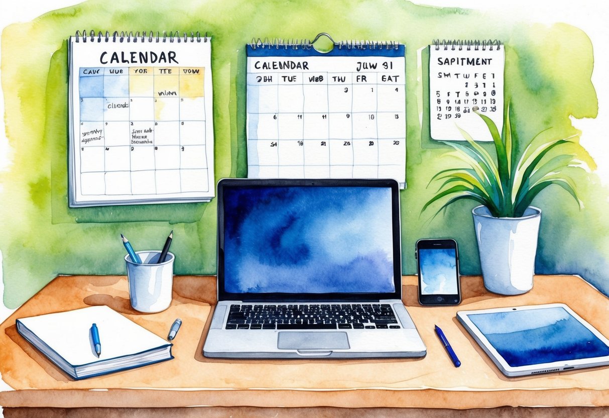 A cluttered desk with a laptop, notebook, and pen. A calendar on the wall shows appointments and deadlines. A phone and tablet sit nearby