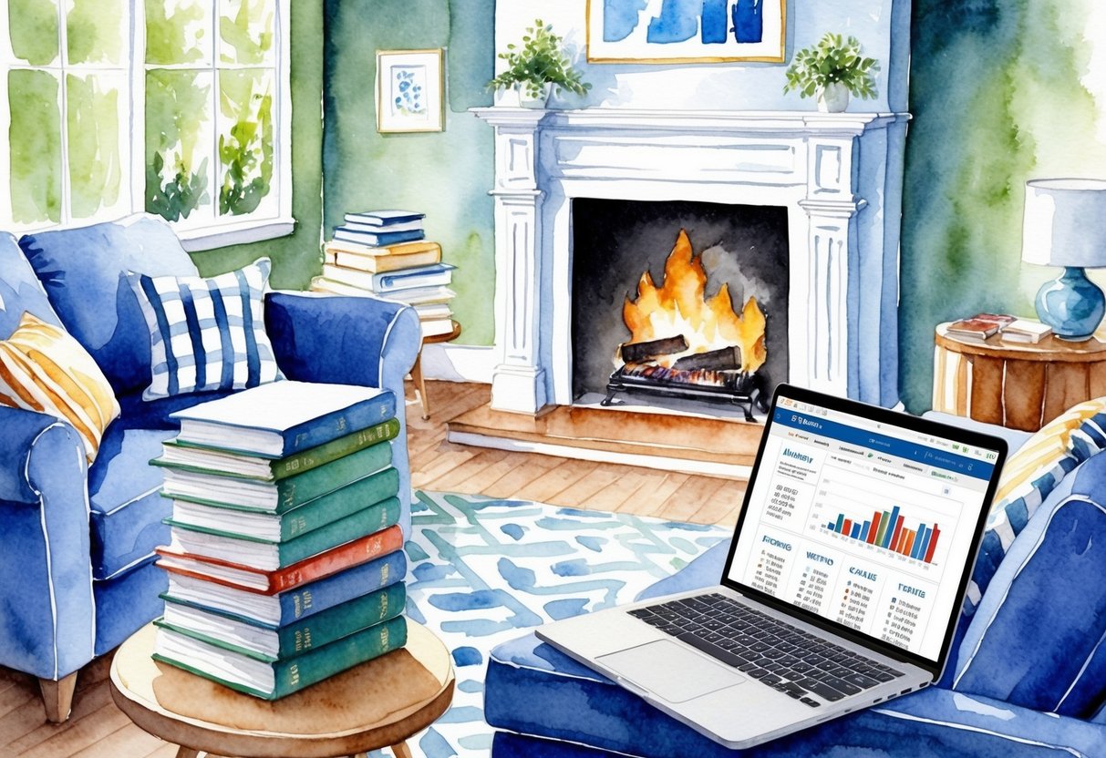 A serene, cozy living room with a crackling fireplace, a stack of financial books, and a laptop open to a stock market website