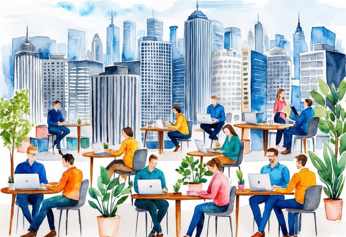 A bustling city skyline with various freelance workers at their laptops in coffee shops and co-working spaces, showcasing the growth and expansion of freelance businesses