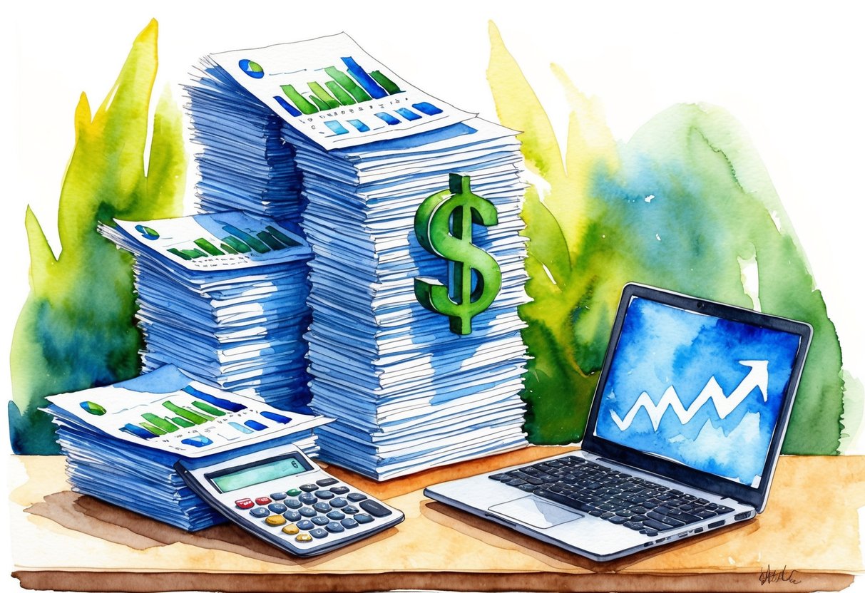 A stack of financial documents and charts surround a calculator and laptop on a desk, with a dollar sign symbolizing potential wealth