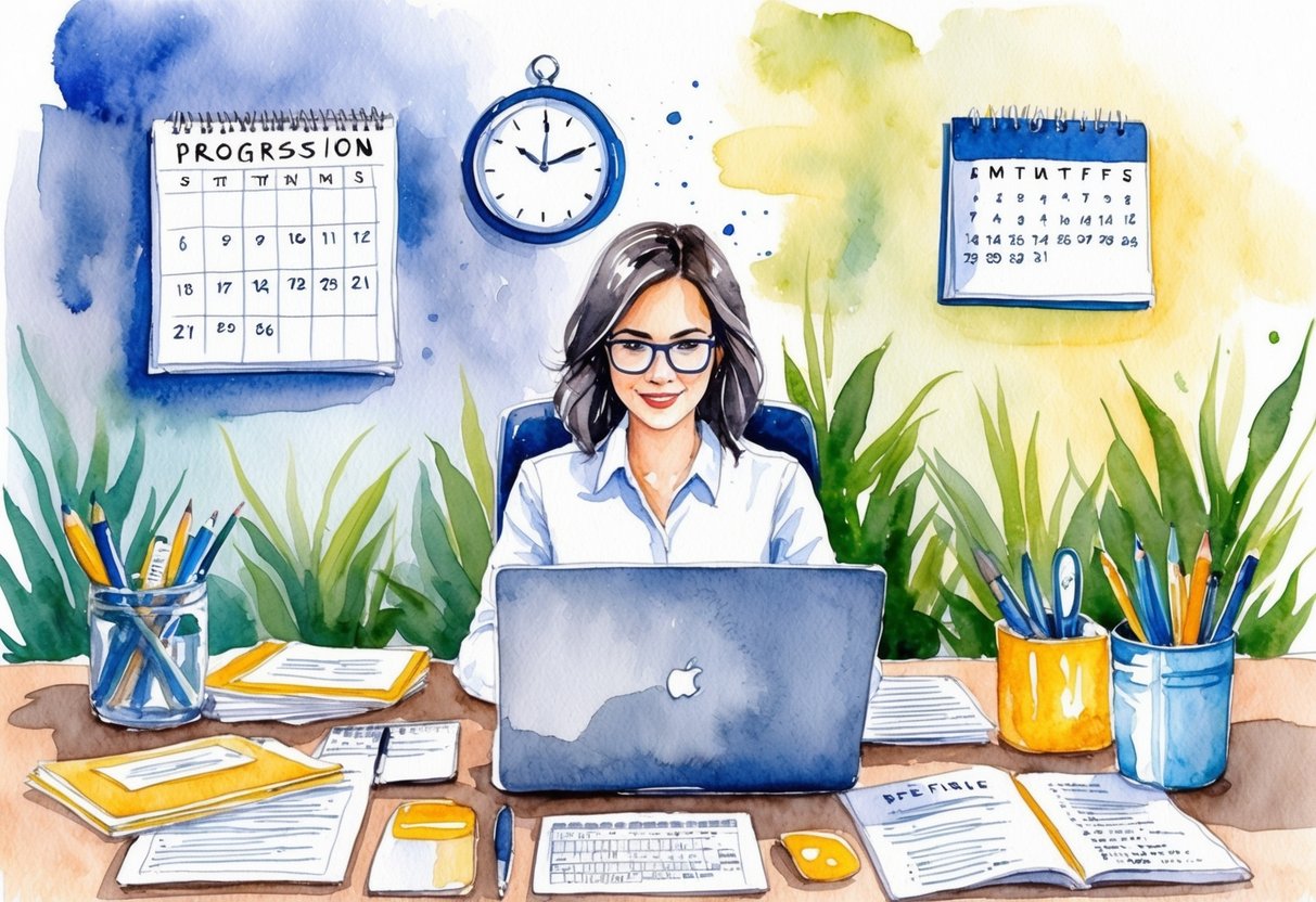 A freelance business owner typing on a laptop surrounded by various work tools and documents, with a calendar and clock on the wall showing progression