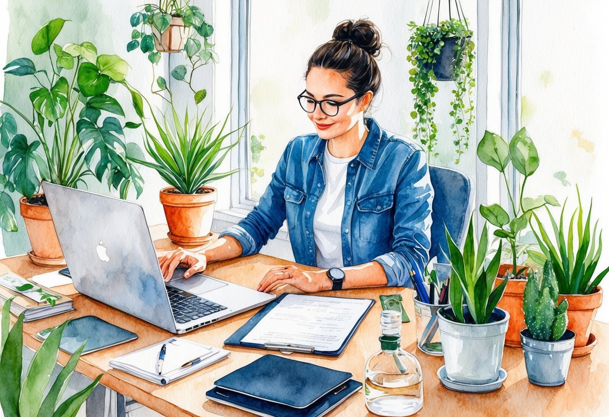 A freelancer working at a desk, surrounded by plants, a laptop, and various office supplies. The room is filled with natural light and there are sustainable materials present