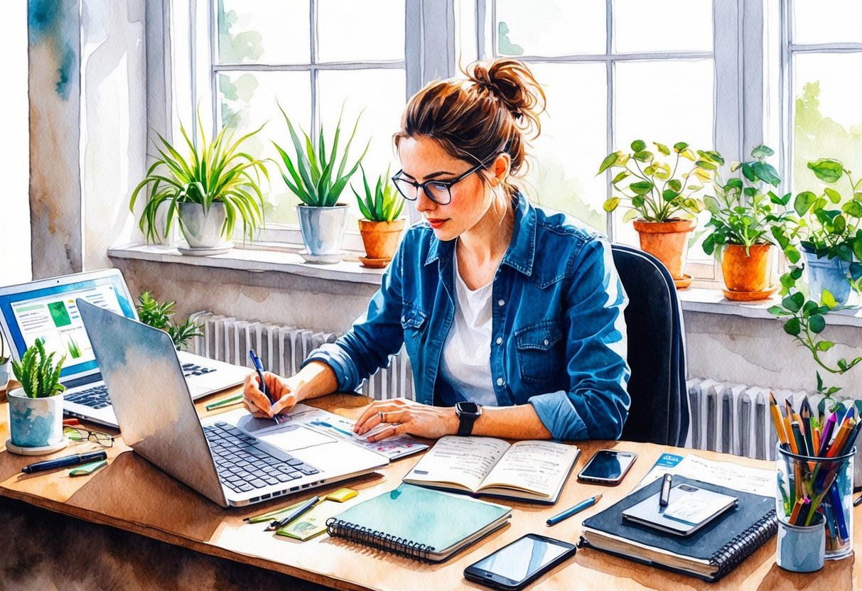 A freelancer works at a cluttered desk, surrounded by a laptop, notebook, and various office supplies. The room is filled with natural light, and there are plants on the windowsill