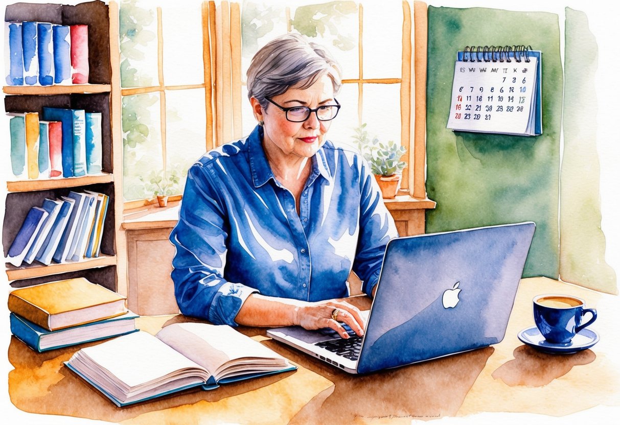 A middle-aged person working on a laptop at a cozy home office, surrounded by books, a calendar, and a cup of coffee. The person looks focused and determined