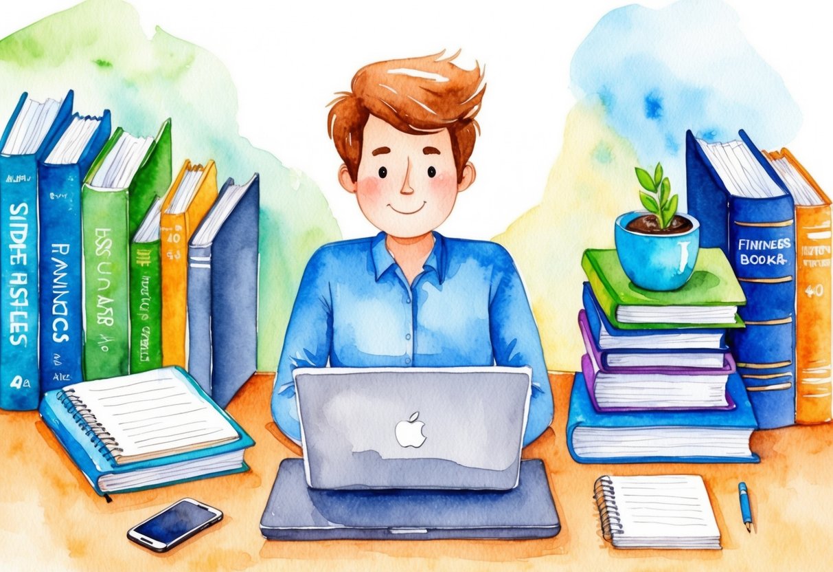 A person in their 40s working on various side hustles at a desk with a laptop, phone, and notebook, surrounded by financial and business books