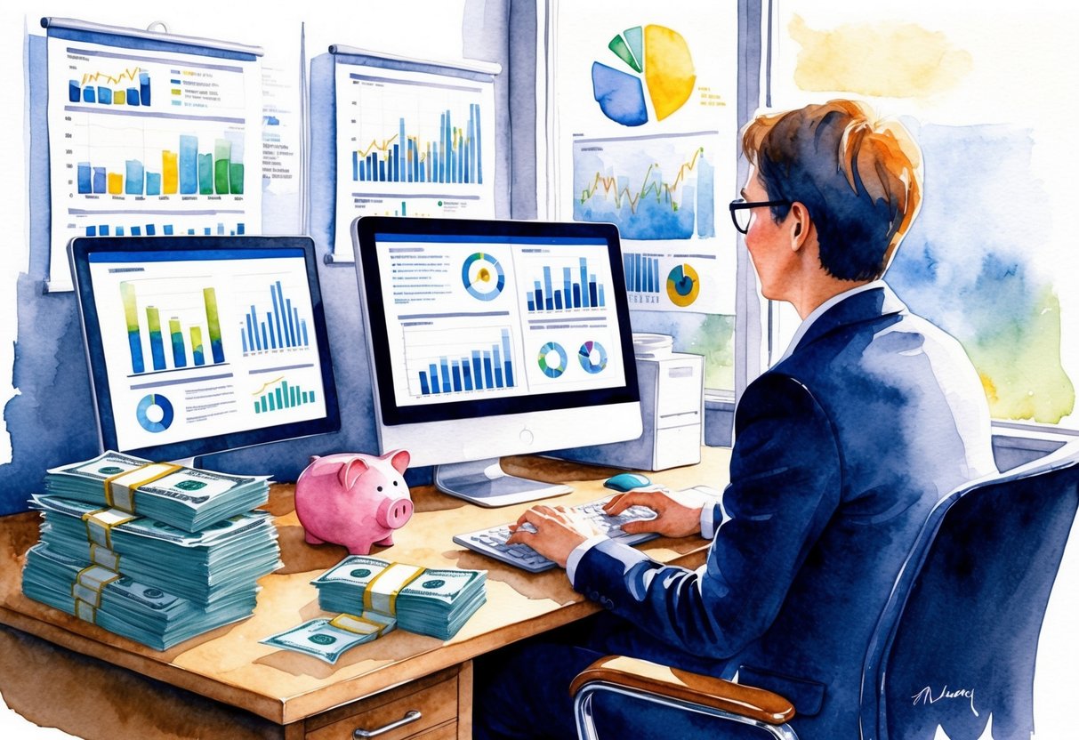 A person sitting at a desk with a computer, surrounded by charts, graphs, and financial reports. A stack of money and a piggy bank are visible on the desk