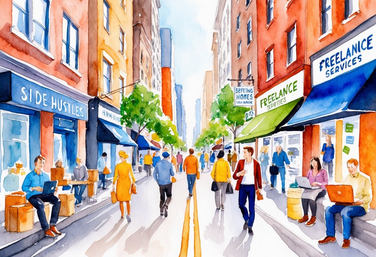 A bustling city street with various people engaging in different side hustles - from renting out their homes to offering freelance services