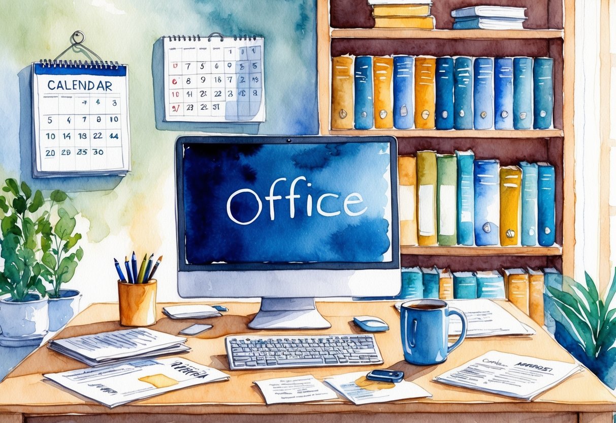 A cozy home office with a computer, coffee mug, and papers scattered on the desk. A calendar with dates circled hangs on the wall, and a bookshelf filled with business and finance books in the background