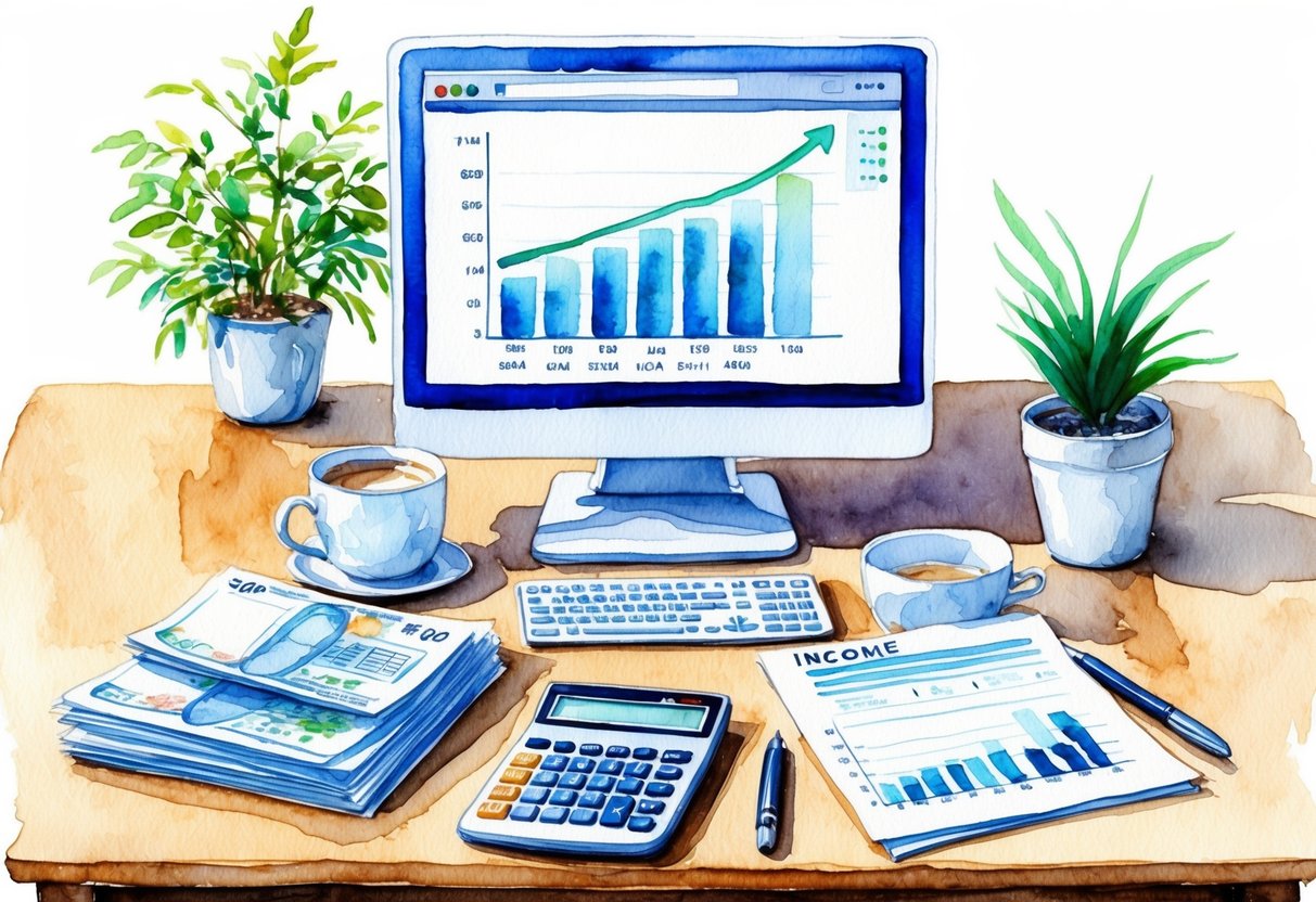 A desk with a computer, calculator, and financial documents. A cup of coffee and a plant sit nearby. A graph on the computer screen shows income growth