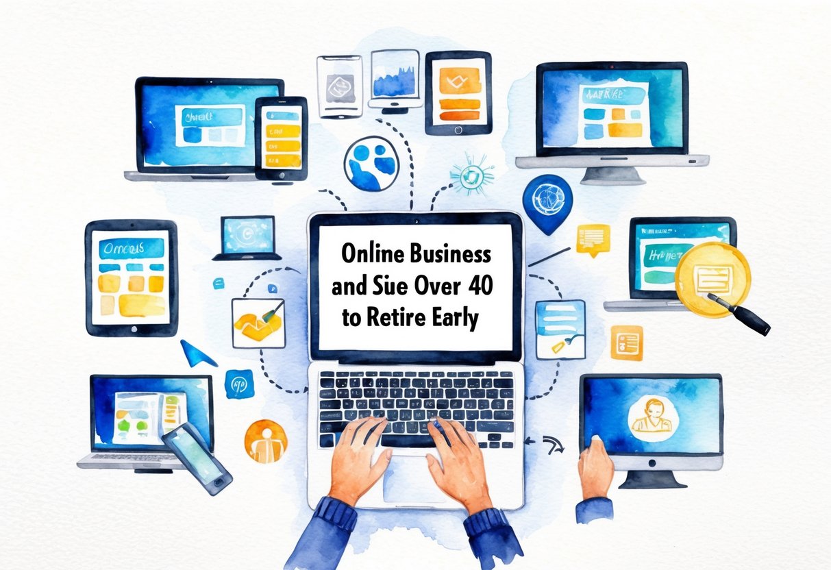A laptop surrounded by various digital devices and icons, representing different online business and side hustle opportunities for people over 40 looking to retire early
